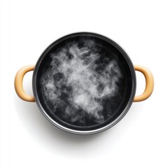 Black Cooking Pot with Visible Steam and Wooden Handles on a White Background