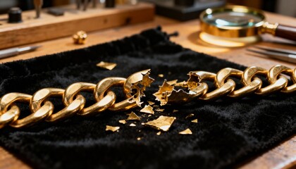 A broken gold chain reveals its fake and counterfeit nature. Close-up of a shattered link on a jeweler's workbench. Deception and failure concept