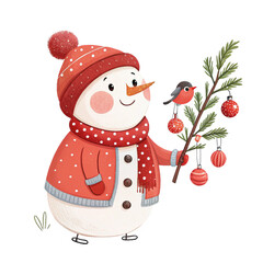 Charming red snowman festive holiday character holding decorated christmas tree branch and cute bird