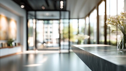 Bright modern office lobby with glass walls and flowers