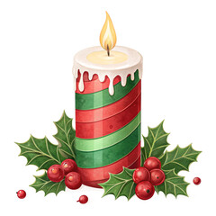 Festive christmas candle glows brightly with holly and berries seasonal holiday decoration