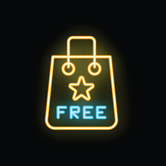 Neon shopping bag offering free products with a star sign on black background