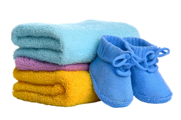 Stack of fluffy colorful towels with cozy blue slippers on a black background
