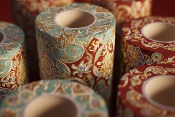 Elegant cylindrical objects, adorned with red, gold, and blue patterns, create a captivating visual display in a close-up arrangement.