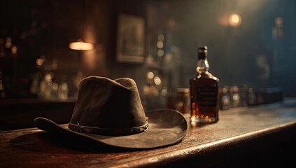 A cowboy hat and a bottle of whiskey on a bar counter