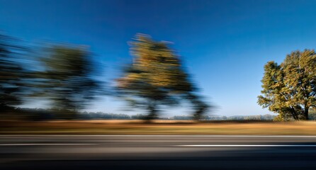 Blurred trees beside a road on a bright day, suggesting motion
