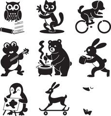Black silhouette animals and objects in playful poses book bicycle