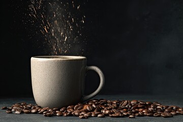 Steaming hot coffee powder falling into a mug with beans
