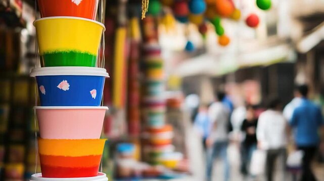 A stack of colorful cups stacked on top of each other