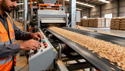 Male factory worker operating an industrial conveyor belt for grain processing. Man controlling machinery in a food manufacturing plant. Agricultural industry concept
