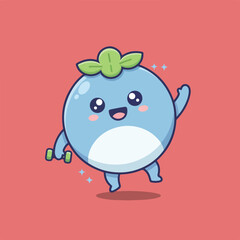 A cheerful blueberry cartoon character exercises with a small dumbbell against a soft coral background, complete with a smiling expression and sparkling effects.