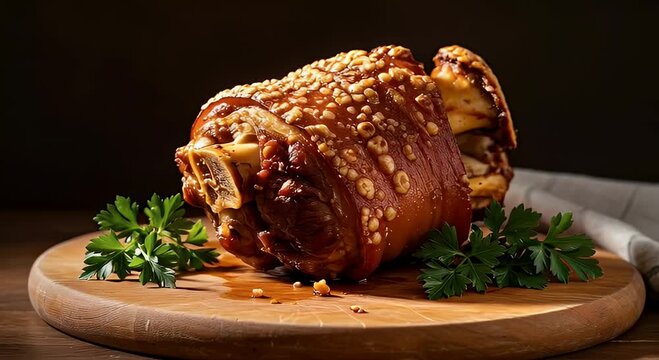 Crispy Pork Knuckle on Wooden Board with Parsley Garnish, Dark Background