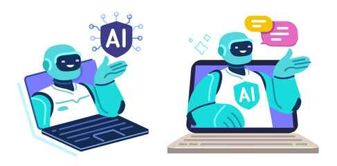 AI online support. Laptop with robot assistant. Artificial intelligence technology concept