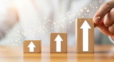 Wooden blocks with white arrows show business growth and investment success