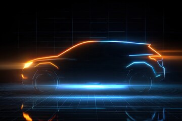 Abstract neon outline of a modern crossover vehicle on dark grid