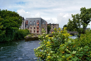 Picturesque scene in Ireland, with a river flowing through a town with stone buildings and lush greenery.