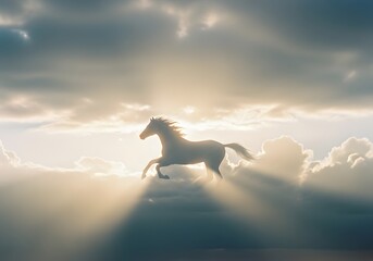 A majestic white horse galloping freely through the clouds, illuminated by sunlight