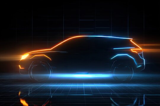 Abstract neon outline of a modern crossover vehicle on dark grid