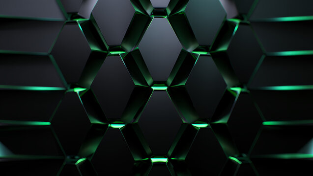 Abstract geometric pattern with dark hexagons and green glowing edges, creating a futuristic and modern design. - Powered by Adobe