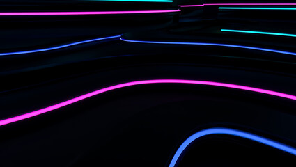Abstract digital landscape with flowing vibrant pink and blue neon light streams on a dark surface.