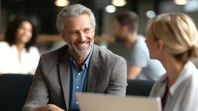 Middle aged multiethnic man with gray hair sitting in foreground counseling young Caucasian man and young Caucasian woman while couple having conversation on black sofa in office