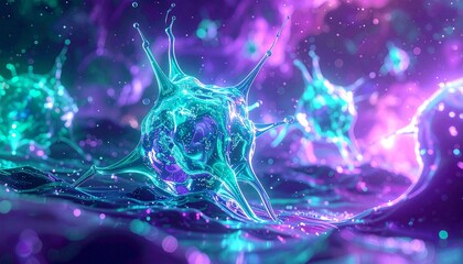 Fractal forms resembling neurons made of liquid glass, surrounded by floating holographic code, abstract AI energy field, glowing teal and electric purple palette.