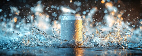 Stylish splash of water with a white soda can at center focus