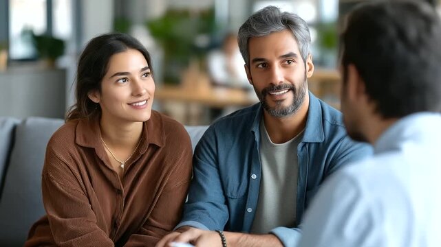 Caucasian young adult woman and Caucasian young adult man sitting on couch talking with middle aged Indian man therapist during counseling session in modern office couple counsel