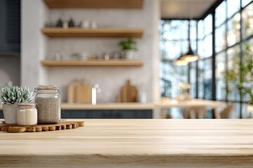 Blurry kitchen interior with light wood table and plants