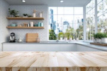 Light wood countertop in sunlit kitchen with shelves and window view