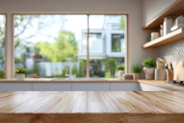 Fototapeta premium Sunlit kitchen with wooden counter and large window