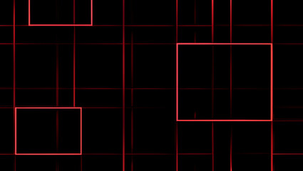 Abstract digital illustration featuring a grid of red lines and squares on a black background.