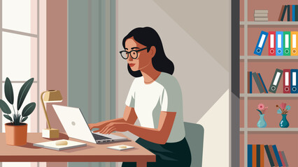 Professional Woman Working on Laptop at Office Desk - Flat Vector Illustration. Flat Design Illustration: Female Entrepreneur Working from Home (WFH)