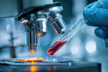 Scientist examines blood sample under a microscope, science research