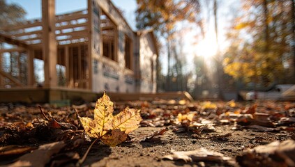 Autumn leaves cover ground near unfinished wooden home construction