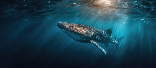 Fototapeta premium Majestic whale shark swims near ocean surface, bathed in sun rays