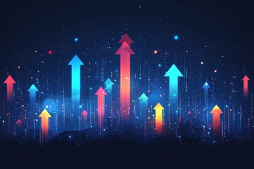 Colorful gradient arrows on dark abstract background with a sense of progress
