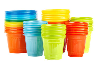 Colorful stacked plastic cups for parties and events against a dark background