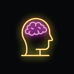 Neon human head silhouette with brain glowing inside on dark background, perfect for illustrating concept of thinking