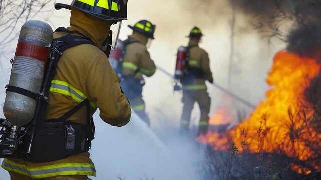 A firefighter holding a fire extinguisher in front of a burning fire