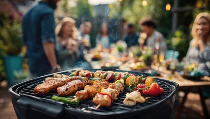 Friends and family enjoying a backyard barbecue feast outdoors