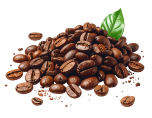 Roasted coffee beans piled with a vibrant green leaf on a black background