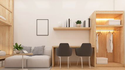 Japandi bedroom with coffee table and sofa, table and chair, wooden wardrobe. 3d rendering