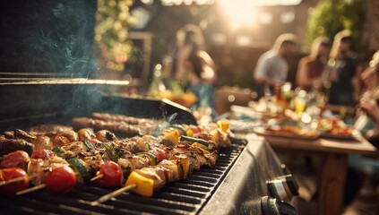 Outdoor gathering with BBQ, friends and family enjoying food