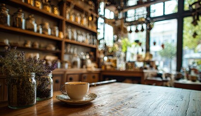 Cozy cafe interior with a steaming cup of coffee on a wooden table
