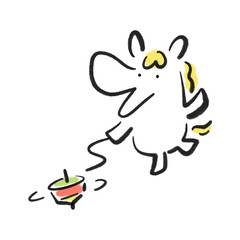 正月にこま回しをして遊ぶ笑顔の白馬　独楽・年賀素材・墨絵