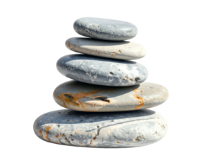 Stacked, smooth, grey stones balance atop each other against a stark black background