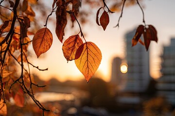 Autumn leaves backlit by warm sunset glow over cityscape