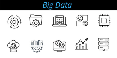 Big Data line editable icon set. Containing database, data center, server, storage, hosting, and more.