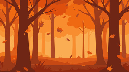 Stylized autumn forest scene with falling leaves in warm orange hues